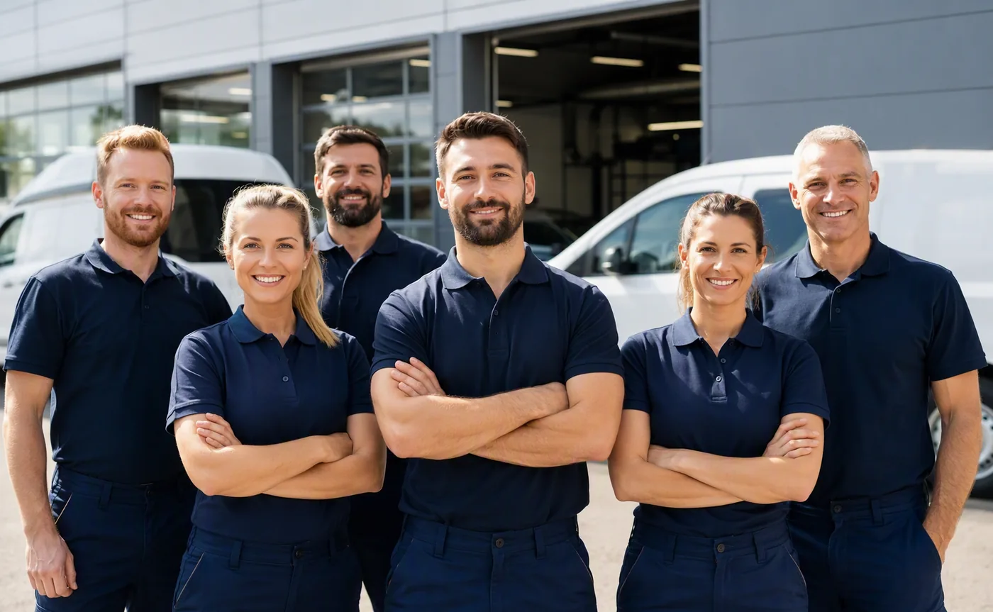 Das Team der König Unternehmensgruppe vor der Werkstatt